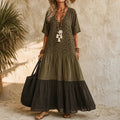 Marenza – Boho Tiered Maxi Dress with Leopard Bodice, Color-Block Skirt, V-Neck