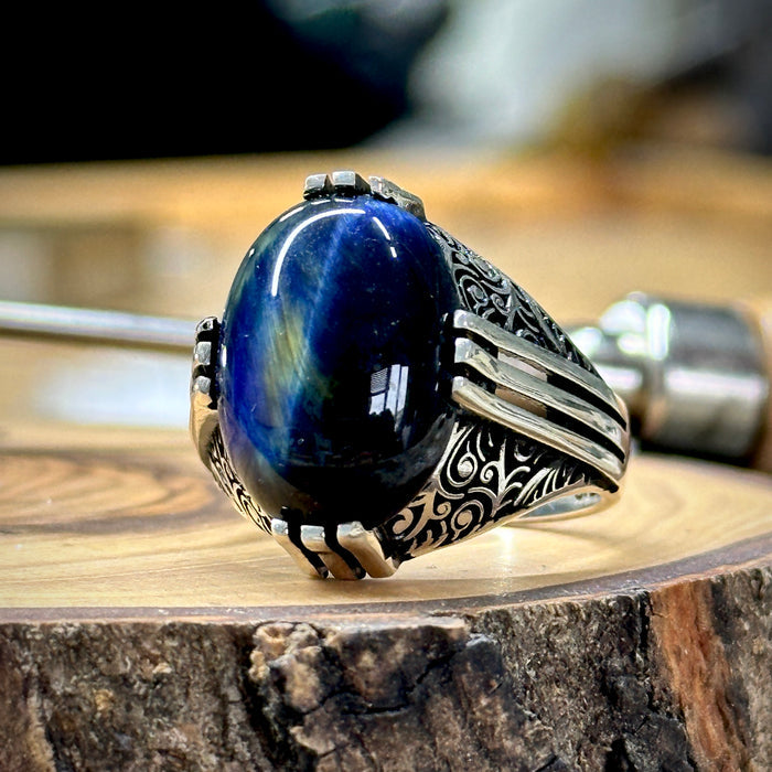 Men Handmade Ottoman Style Natural Blue Tiger Eye Men Ring