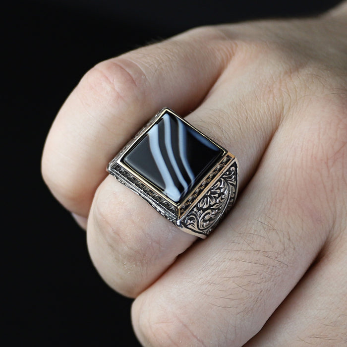 Men Handmade Solid Silver Square Black Onyx Gemstone Ring