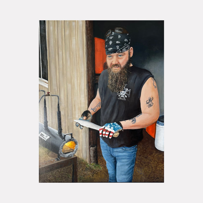 Modern Blacksmith acrylic painting showing workshop scene with traditional forge and tools in rustic setting by Lynnette Horn