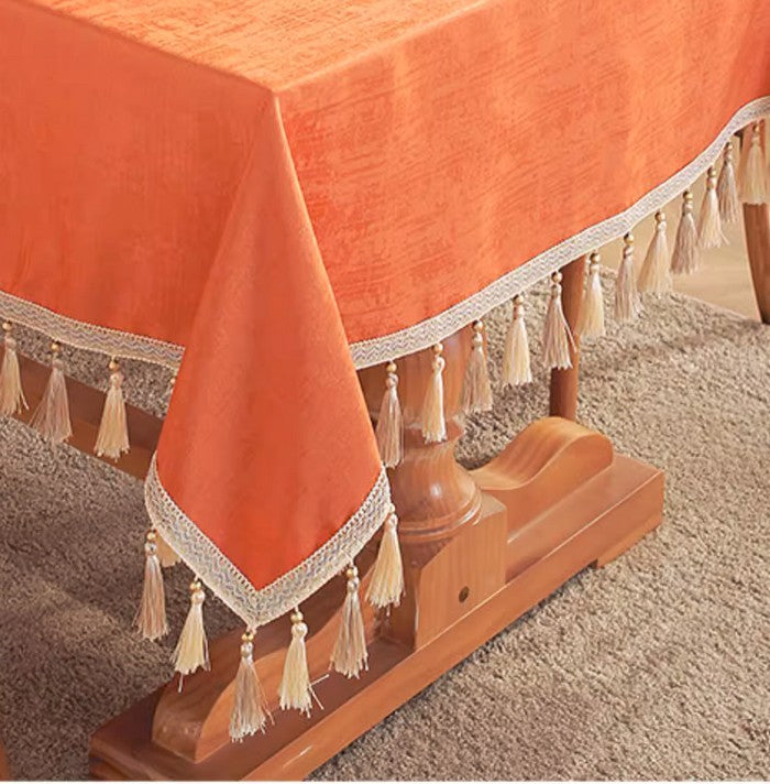 Modern Rectangle Tablecloth, Large Simple Table Cover for Dining Room Table, Orange Fringes Tablecloth for Home Decoration, Square Tablecloth for Round Table-Paintingforhome