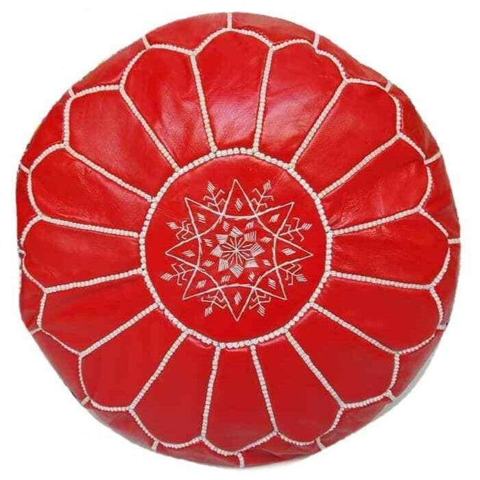 Moroccan Leather Pouf - Red with White Embroideries