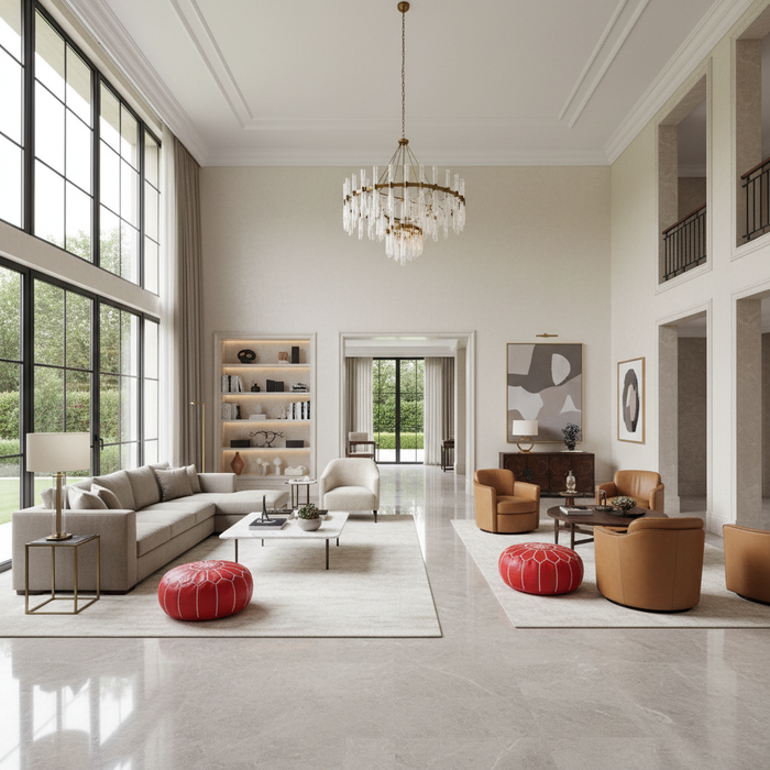 Pair of Red Moroccan Ottomans in Spacious Luxurious Living Room