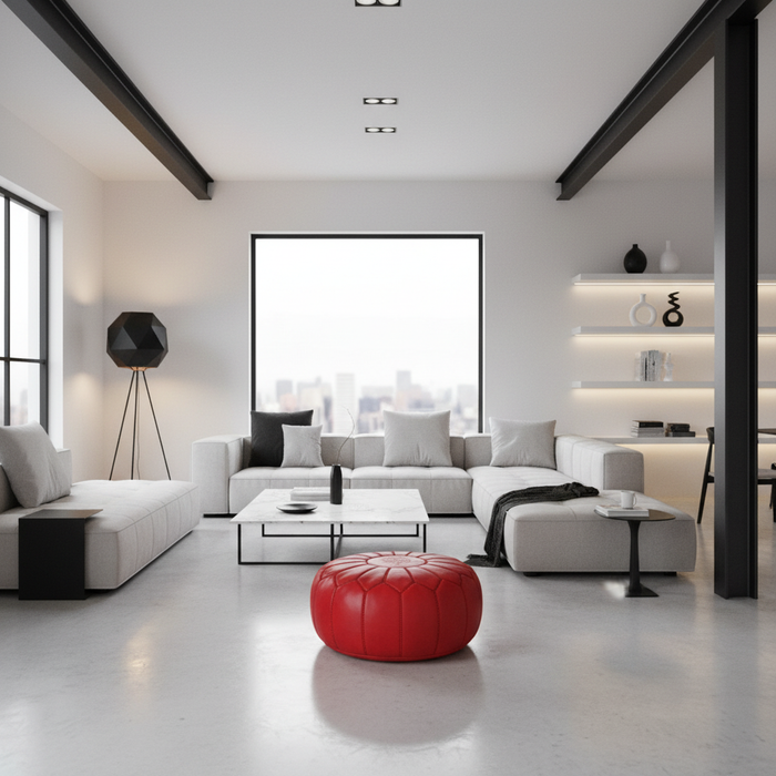 Moroccan Leather Ottoman Banner - Red Modern