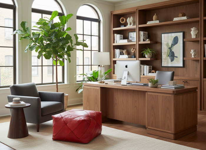 Red Zigzag Leather Ottoman in Office