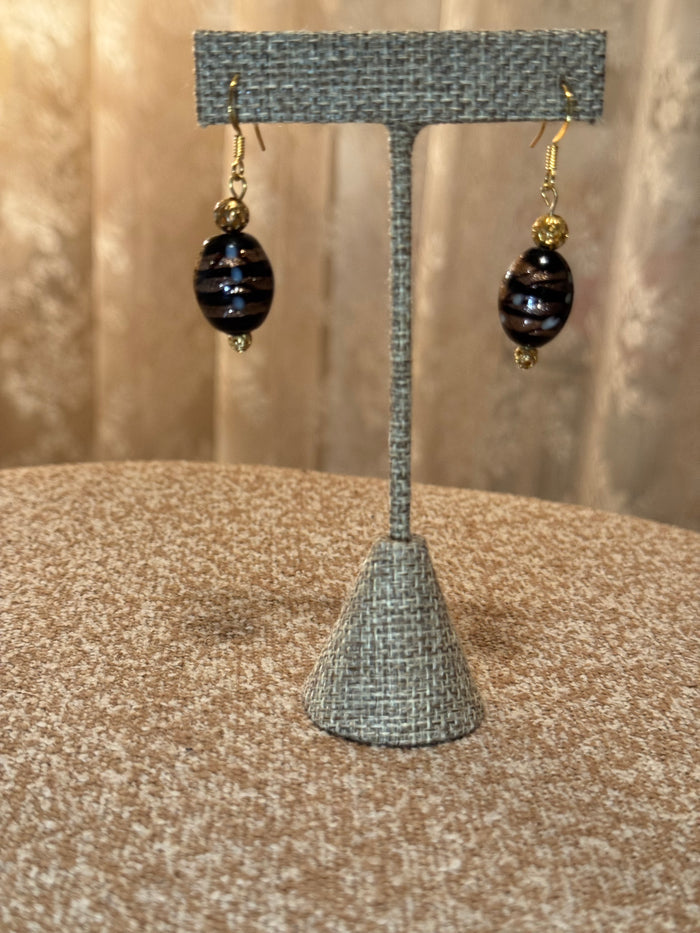 Murano Glass Dangle Earrings – Black Beads with Gold Stripes, Handmade Venice Italy