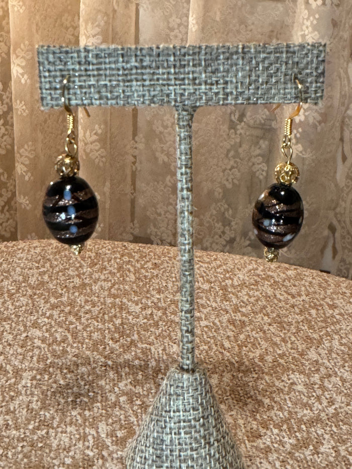 Murano Glass Dangle Earrings – Black Beads with Gold Stripes, Handmade Venice Italy