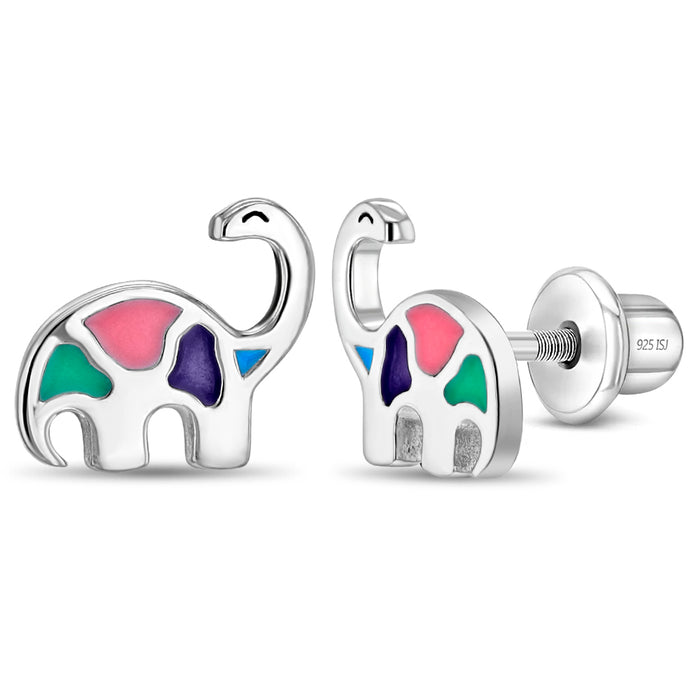 My Dinosaur Friend Kids / Children's / Girls Earrings Screw Back Enamel - Sterling Silver