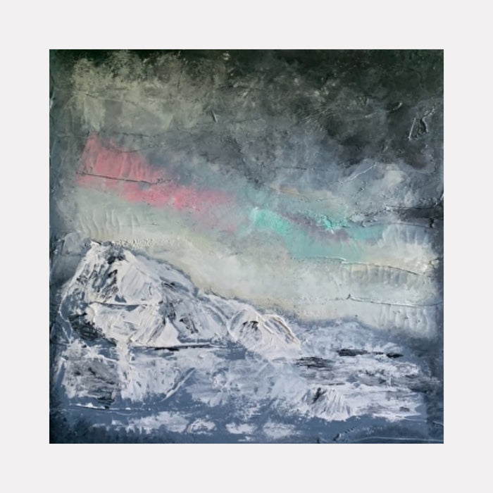 Northern Lights by Tammy Kushnir: Abstract mountain landscape with pink and turquoise aurora over snowy peaks in mixed media, textured finish