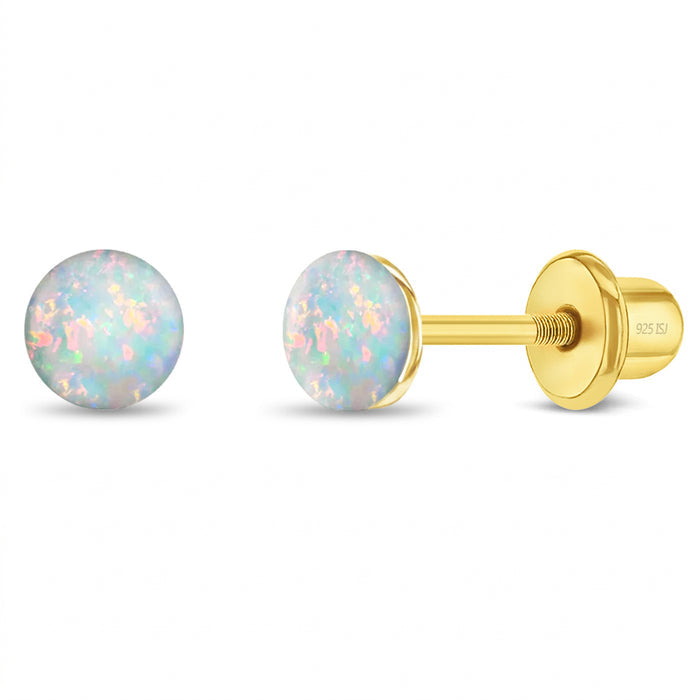 Opal Button 4mm Baby / Toddler / Kids Earrings Screw Back - 14k Gold over Sterling Silver