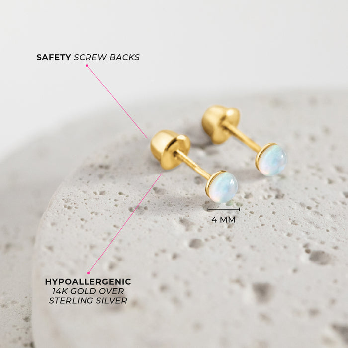 Opal Button 4mm Baby / Toddler / Kids Earrings Screw Back - 14k Gold over Sterling Silver