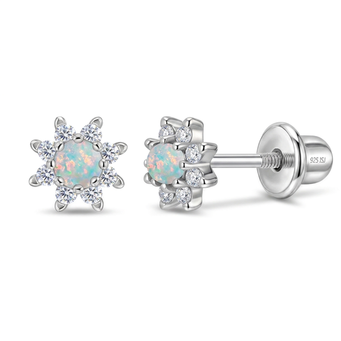 Opal CZ Sun Baby / Toddler / Kids Earrings Screw Back - Sterling Silver