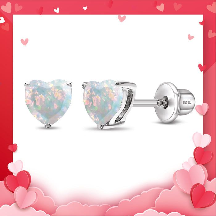 Opal Heart Kids / Children's Earrings Screw Back - Sterling Silver