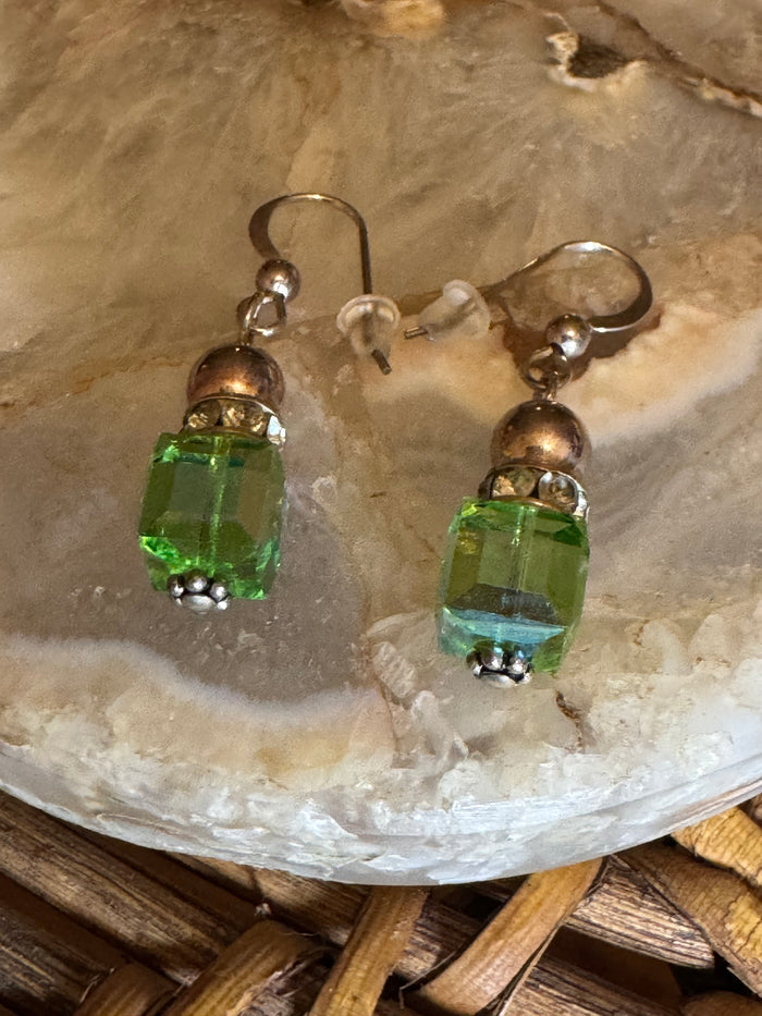 Peridot Green Crystal Cube Dangle Earrings – Silver Tone with Rhinestone Accents