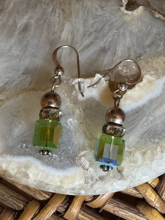 Peridot Green Crystal Cube Dangle Earrings – Silver Tone with Rhinestone Accents