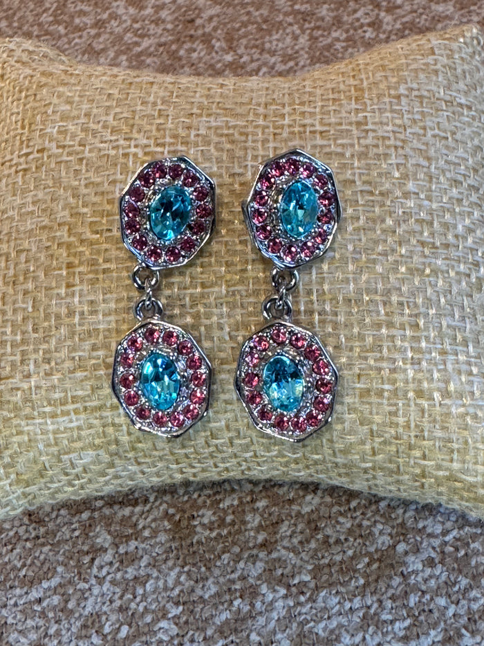Pink and Blue Crystal Dangle Earrings