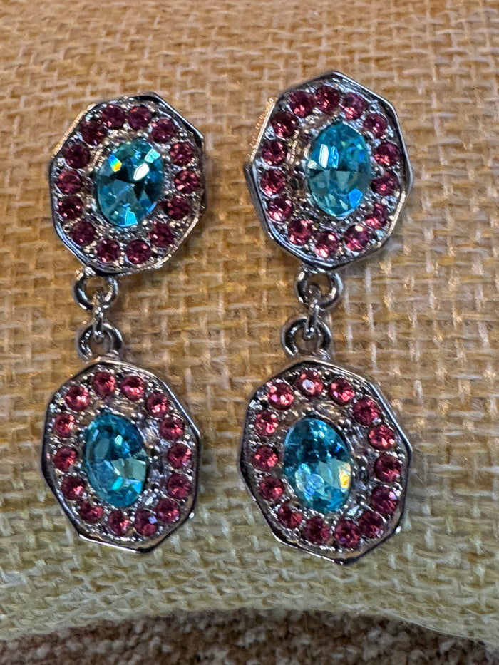 Pink and Blue Crystal Dangle Earrings