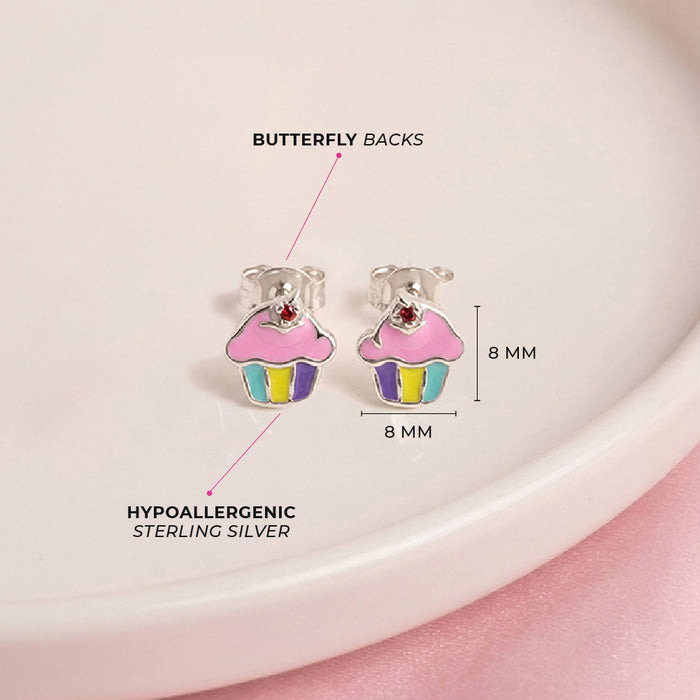 Pink Frosted Cupcake Kids / Children's / Girls Earrings Enamel - Sterling Silver