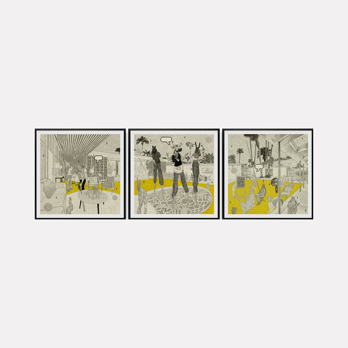 Pool Party Triptych by Steve Moors features three monochromatic panels with yellow accents depicting retro party scenes in linear sketch style