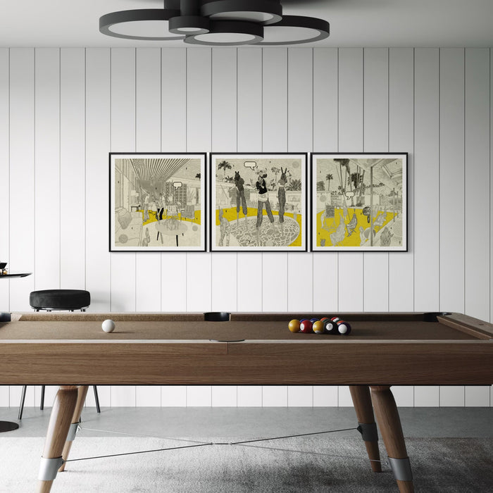 The artwork, Pool Party Triptych, by Steve Moors, displayed in a room.