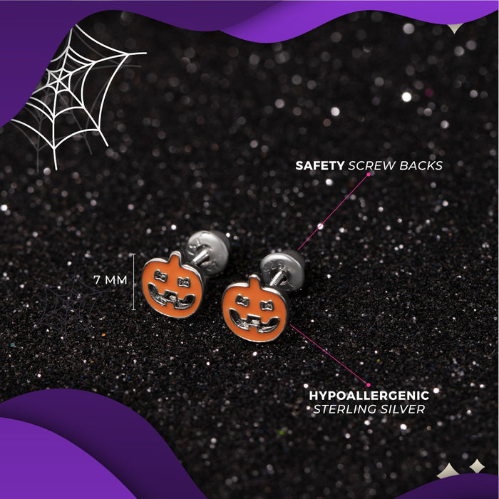 Pumpkin Kids / Children's / Girls Earrings Screw Back Enamel - Sterling Silver