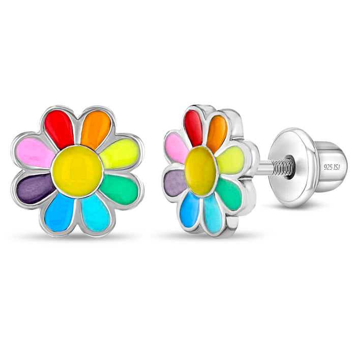 Rainbow Daisy Kids / Children's / Girls Earrings Screw Back Enamel - Sterling Silver