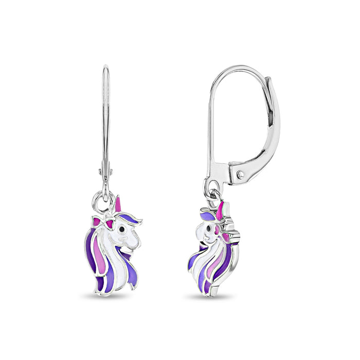 Rainbow Unicorn Dangle Kids / Children's / Girls Earrings Lever Back Enamel - Sterling Silver