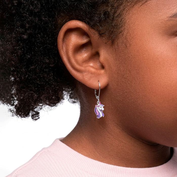 Rainbow Unicorn Dangle Kids / Children's / Girls Earrings Lever Back Enamel - Sterling Silver