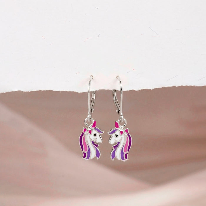 Rainbow Unicorn Dangle Kids / Children's / Girls Earrings Lever Back Enamel - Sterling Silver