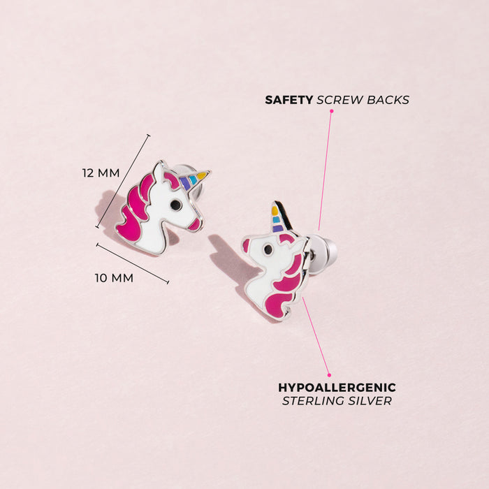 Rainbow Unicorn Kids / Children's / Girls Earrings Screw Back Enamel - Sterling Silver
