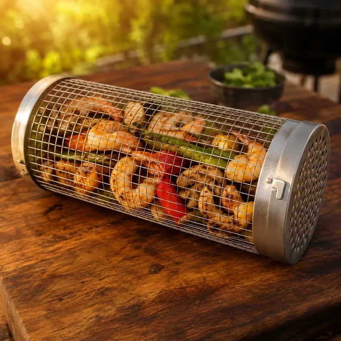 Rollwell – Rolling Stainless Mesh Grill Basket with Hook