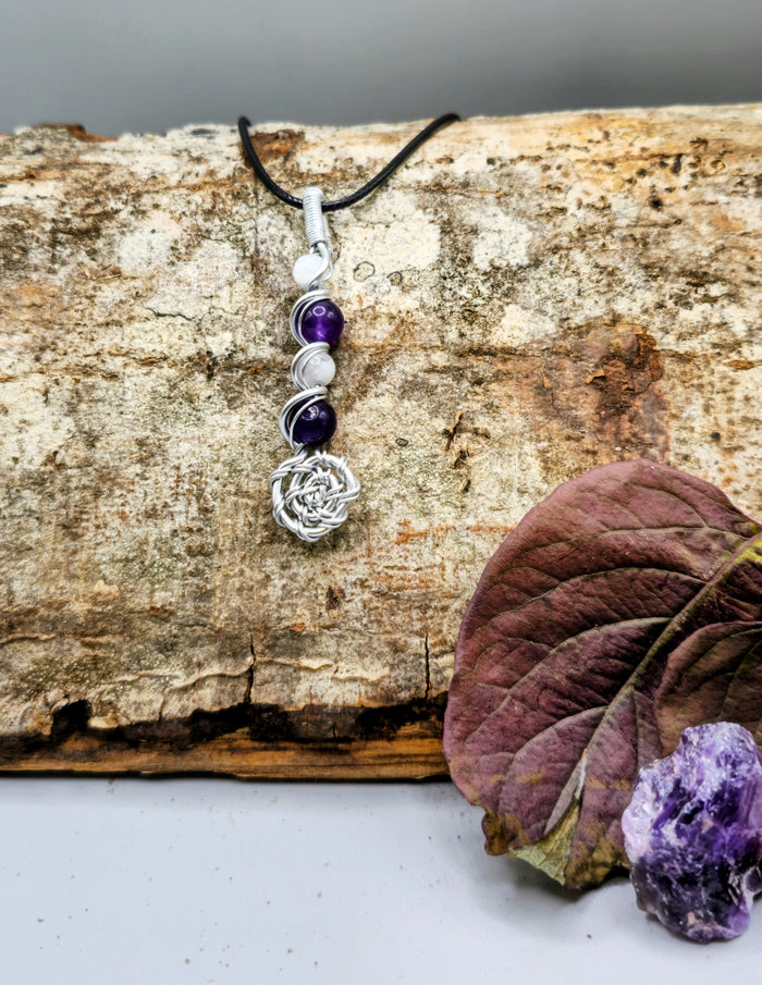Rose Quartz and Amethyst twisted spiral pendant
