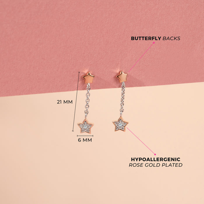 Shooting Stars CZ Chain Dangle Kids / Teen Earrings - Sterling Silver Rose Gold Plated