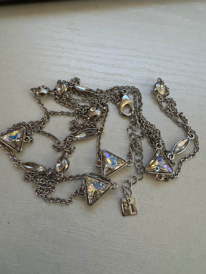 Signed Park Lane Long Silver Crystal Station Necklace