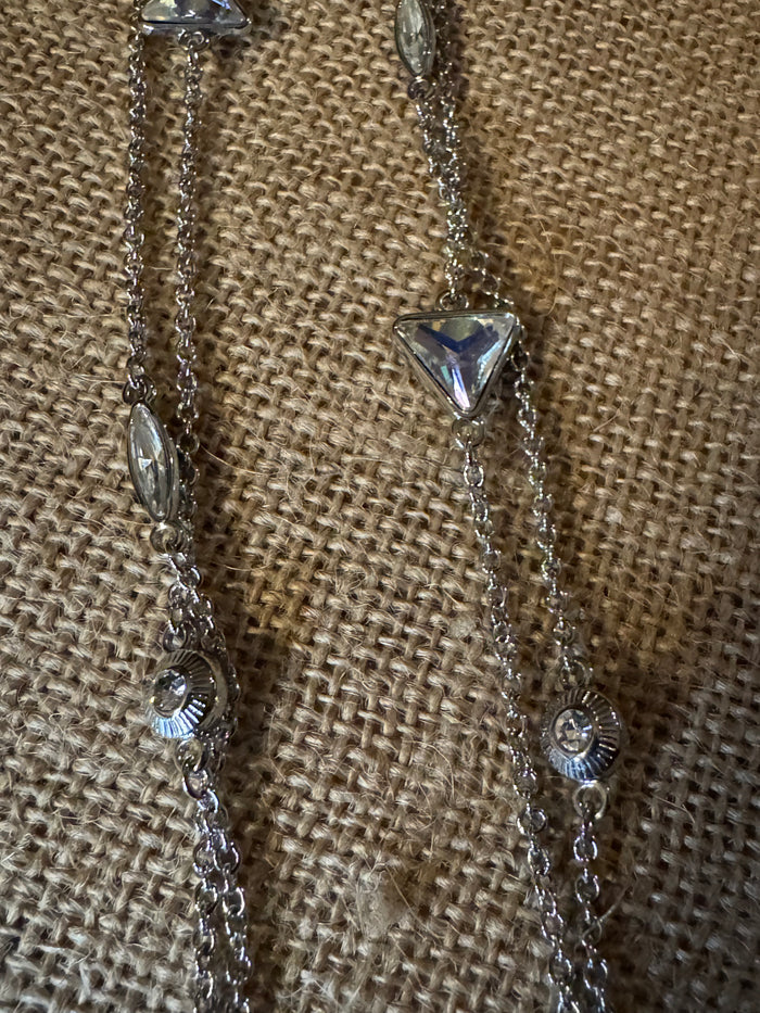 Signed Park Lane Long Silver Crystal Station Necklace