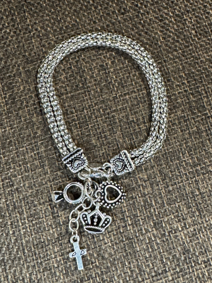 Signed Premier Designs Silver Hostess Charm Bracelet | Heart, Crown, Cross & Ring