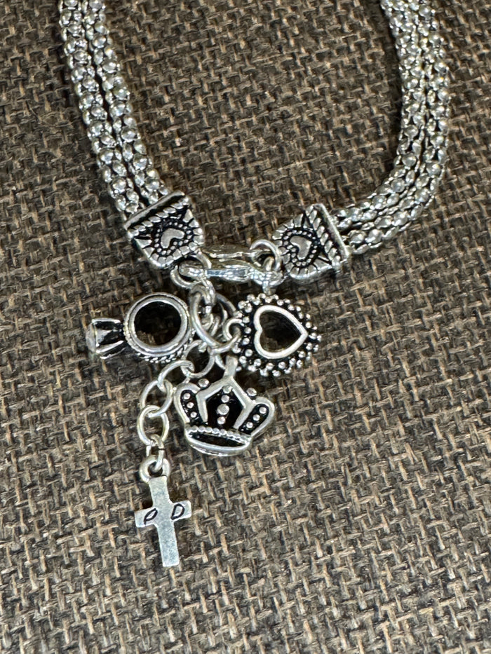 Signed Premier Designs Silver Hostess Charm Bracelet | Heart, Crown, Cross & Ring