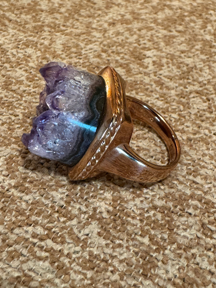 Signed Raw Druzy Amethyst Statement Ring – 925 Sterling Silver, Gold-Plated Boho Chic - Size 7