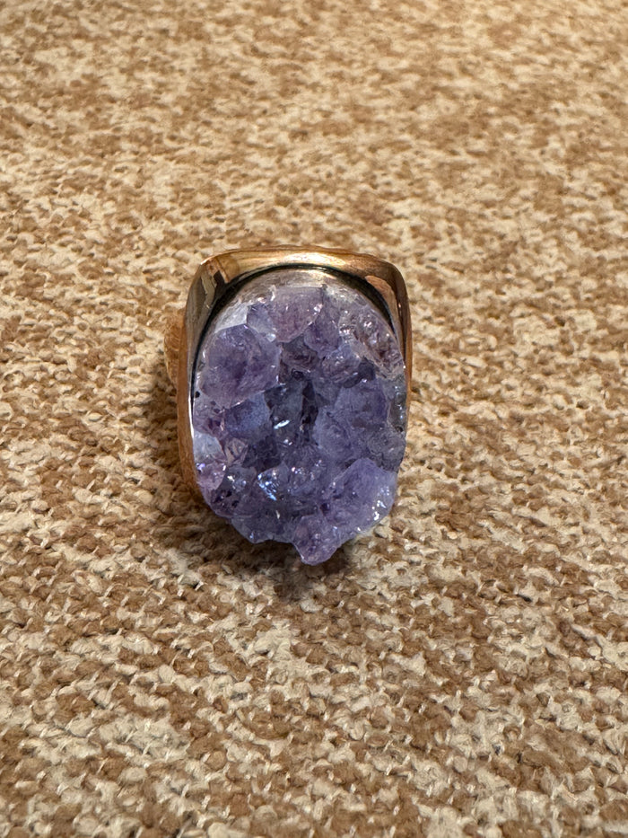 Signed Raw Druzy Amethyst Statement Ring – 925 Sterling Silver, Gold-Plated Boho Chic - Size 7