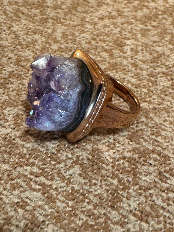 Signed Raw Druzy Amethyst Statement Ring – 925 Sterling Silver, Gold-Plated Boho Chic - Size 7