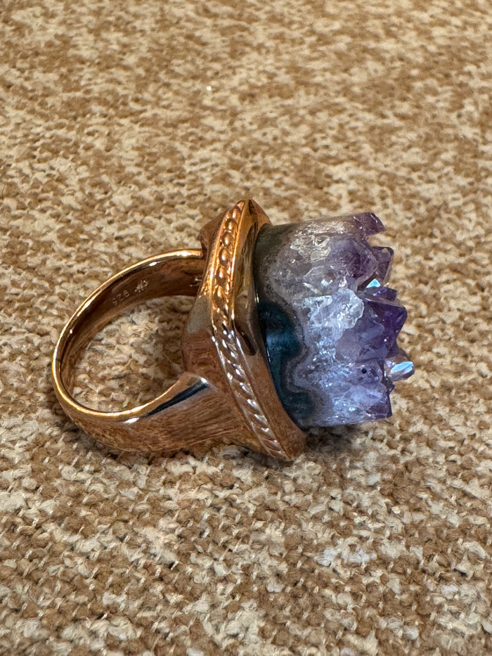 Signed Raw Druzy Amethyst Statement Ring – 925 Sterling Silver, Gold-Plated Boho Chic - Size 7