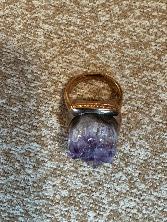Signed Raw Druzy Amethyst Statement Ring – 925 Sterling Silver, Gold-Plated Boho Chic - Size 7