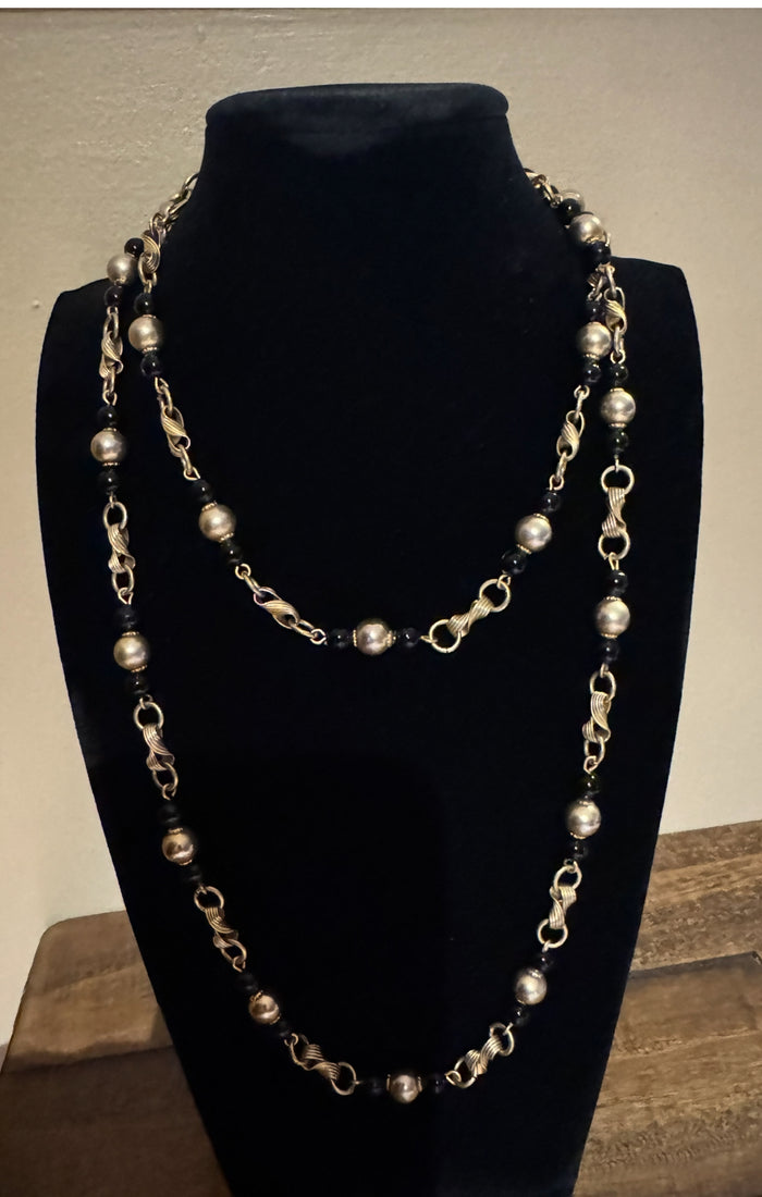 Signed Vintage Anne Klein 36" Necklace with Black & Matte Gold-Tone Beads
