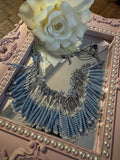 Signed White House Black Market Blue and Silver 16" Beaded Fringe Necklace