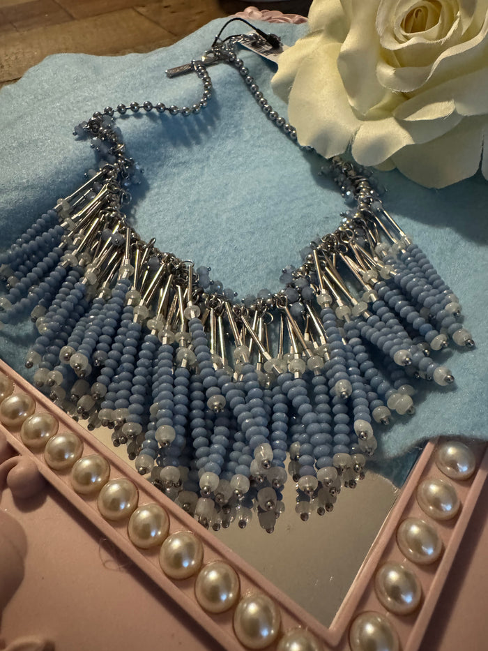 Signed White House Black Market Blue and Silver 16" Beaded Fringe Necklace