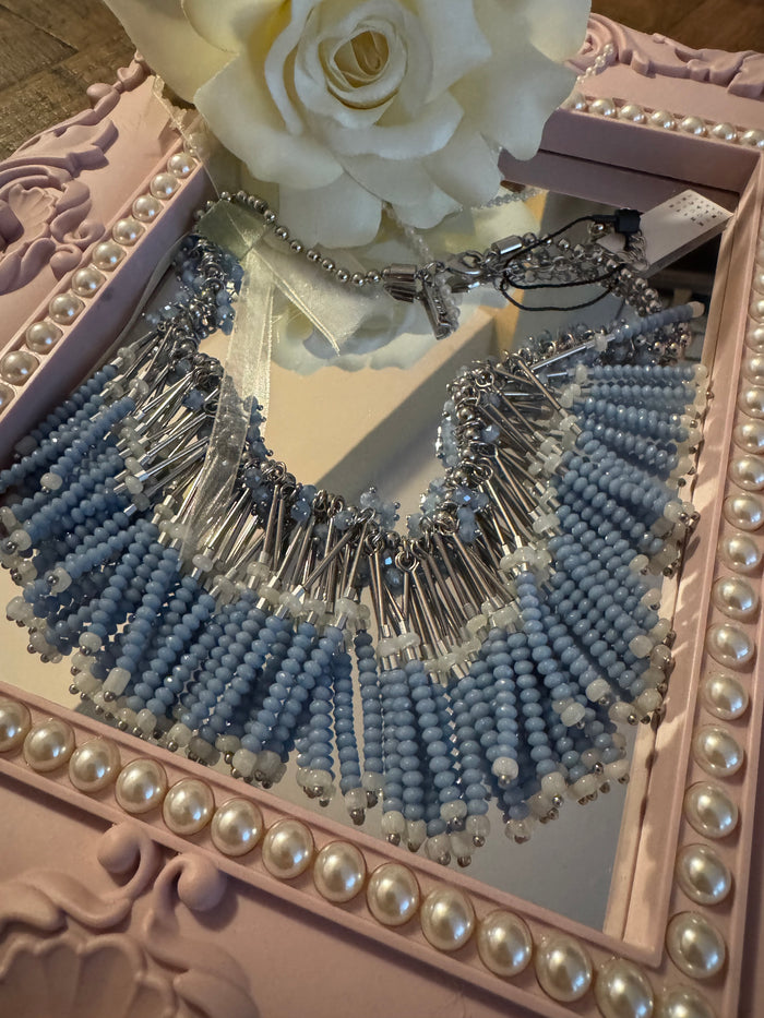 Signed White House Black Market Blue and Silver 16" Beaded Fringe Necklace