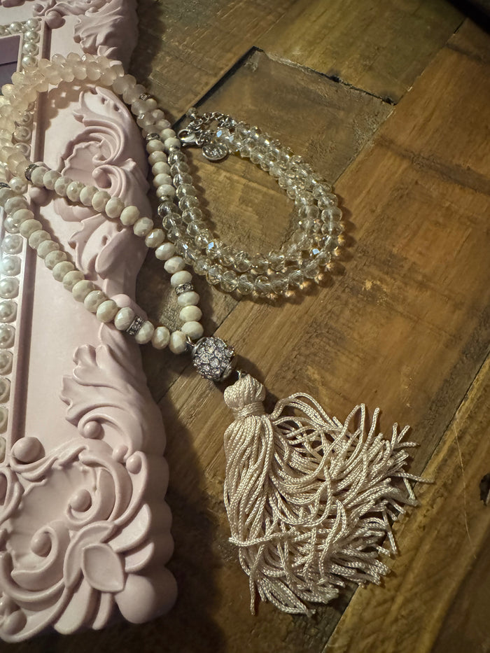 Signed White House Black Market Pink Ombre Beaded 32" Tassel Necklace