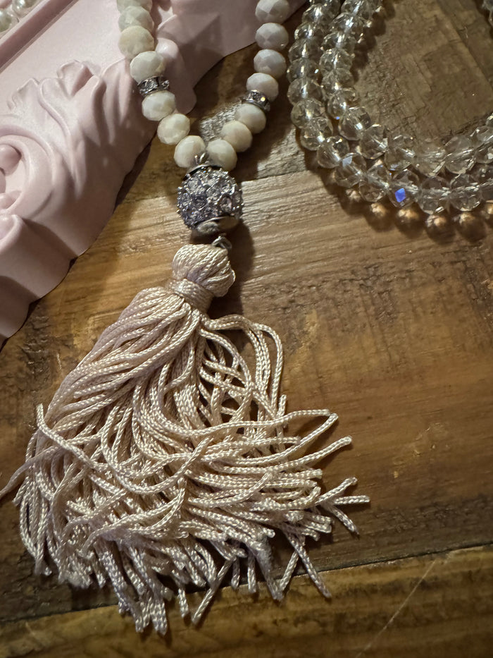 Signed White House Black Market Pink Ombre Beaded 32" Tassel Necklace