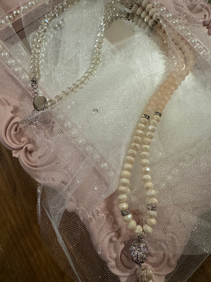 Signed White House Black Market Pink Ombre Beaded 32" Tassel Necklace