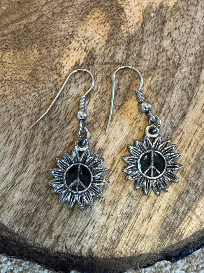 Silver Sunflower Peace Dangle Earrings